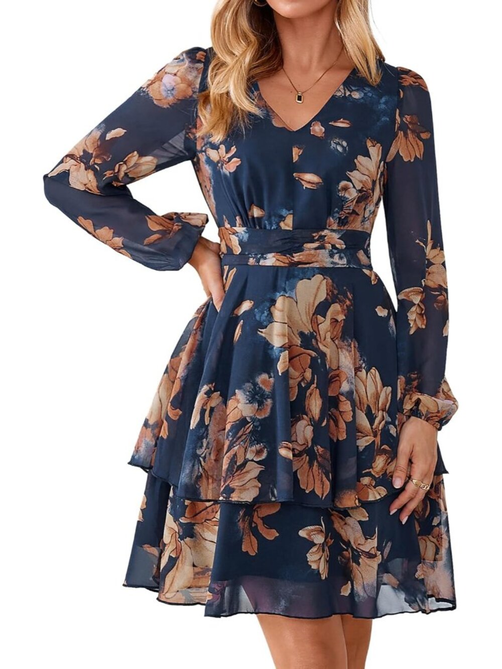 〽️Women’s Navy Coffee Boho Floral Dress Long Sleeve Empire Waist Ruffle